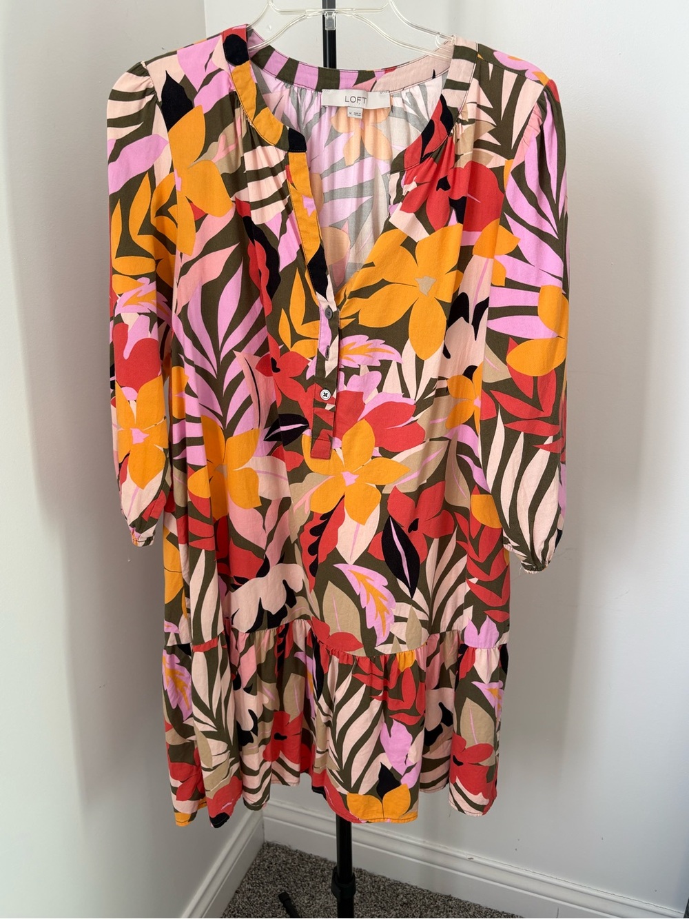 LOFT Bright Floral Button-Front Tunic in Pink, Yellow & Olive